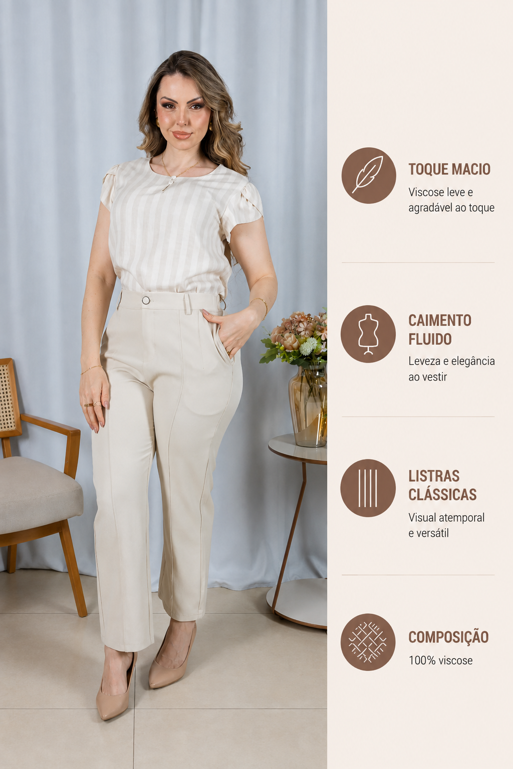 Blusa em Visco Rustic Listrada com Manga Transpassada Adriana Creme