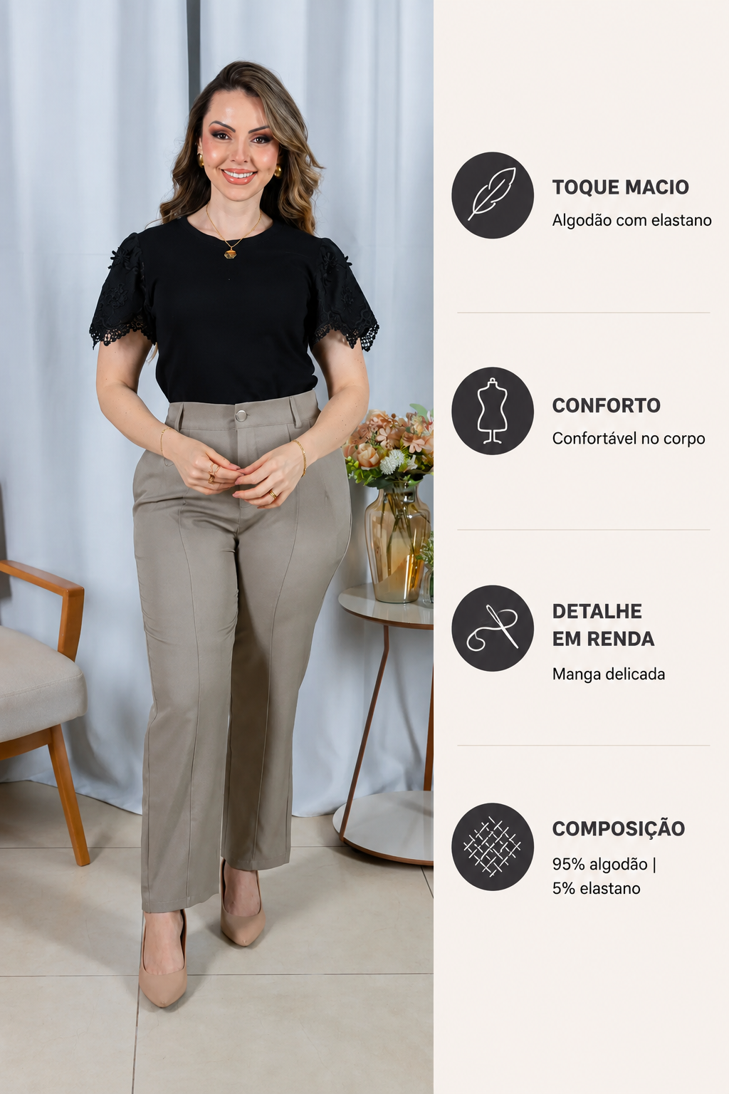 Blusa Cotton Lycra com Manga Delicada Aline Preta