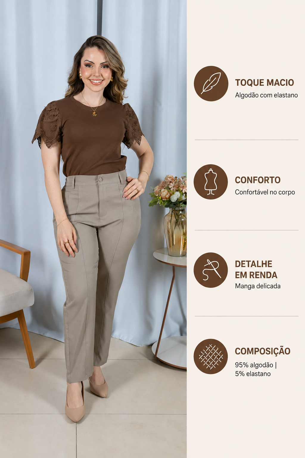 Blusa Cotton Lycra com Manga Delicada Aline Marrom