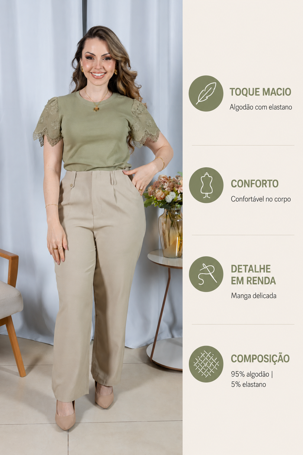 Blusa Cotton Lycra com Manga Delicada Aline Verde