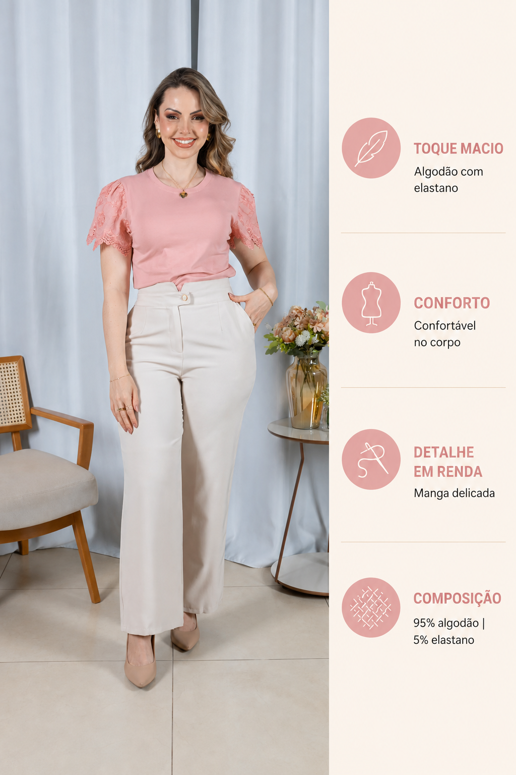 Blusa Cotton Lycra com Manga Delicada Aline Rosa