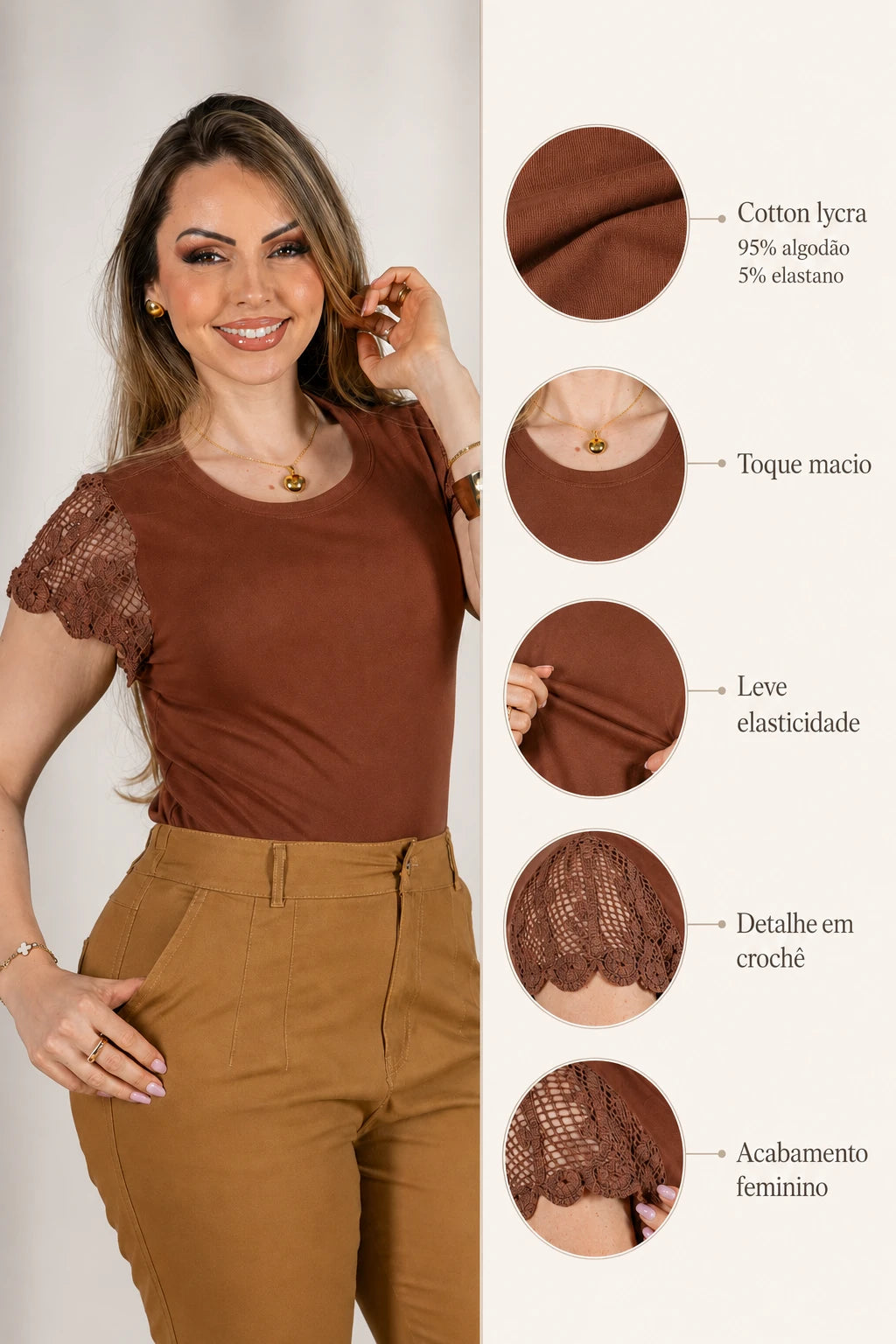 Blusa Cotton Lycra com Detalhe em Crochê Lidia Marrom