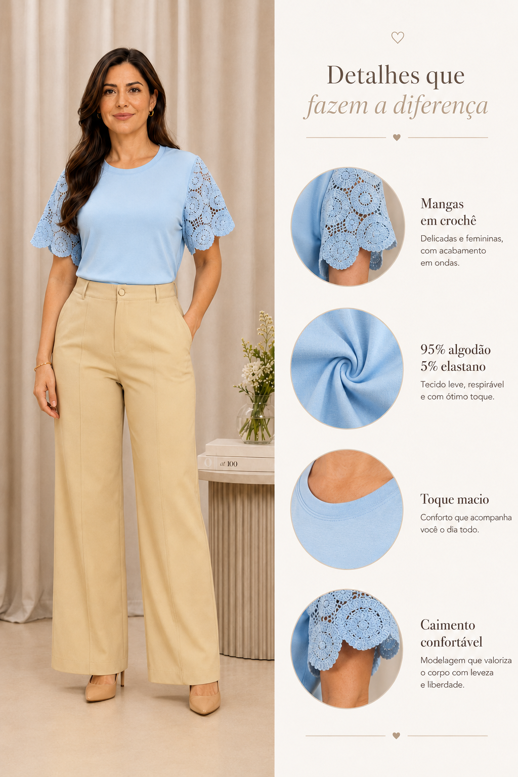 Blusa Confortável com Manga em Crochê Geisa Azul