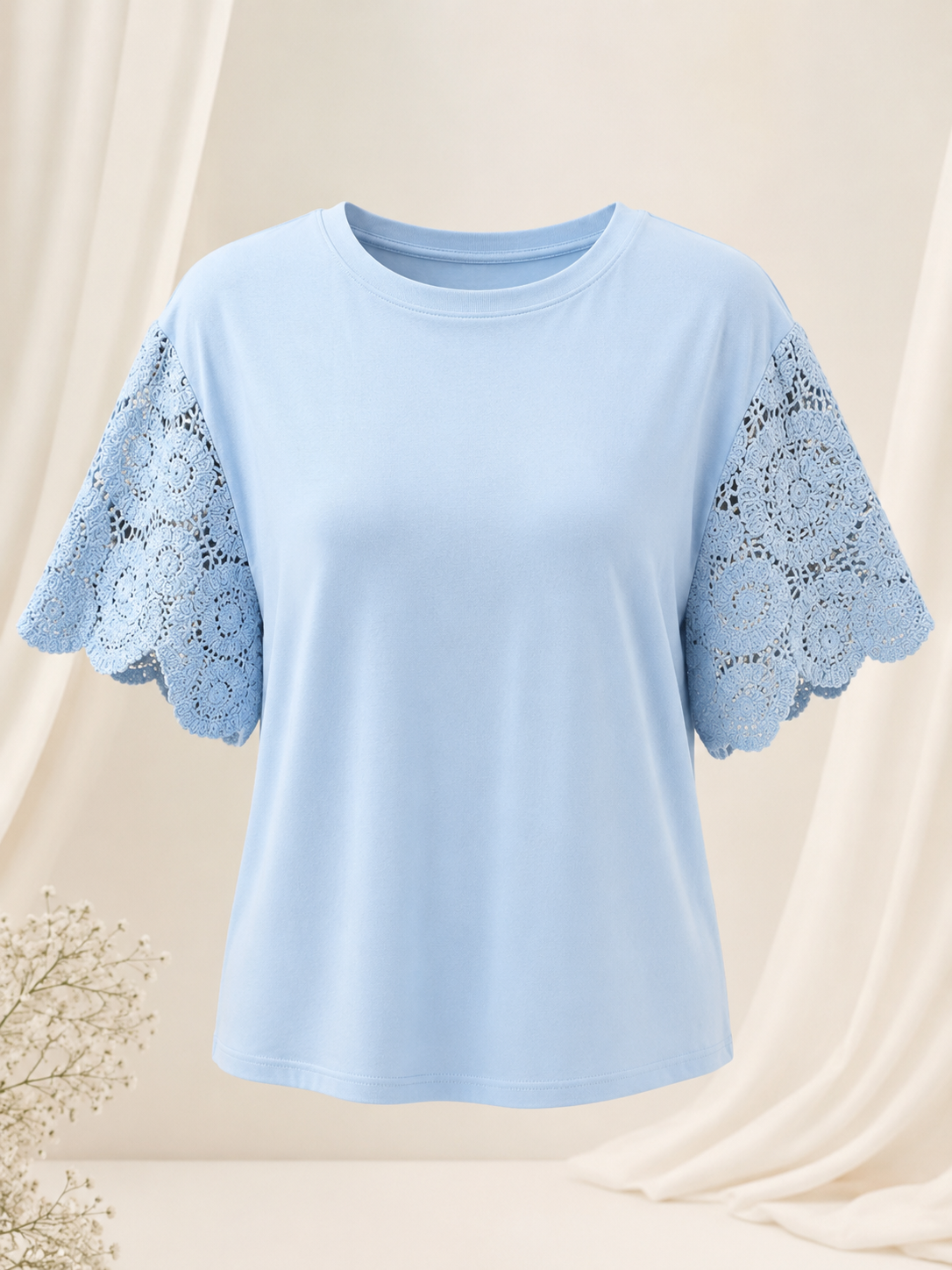 Blusa Confortável com Manga em Crochê Geisa Azul