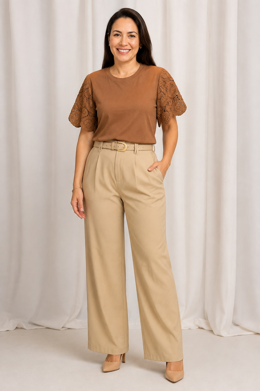 Blusa Confortável com Manga em Crochê Geisa Marrom