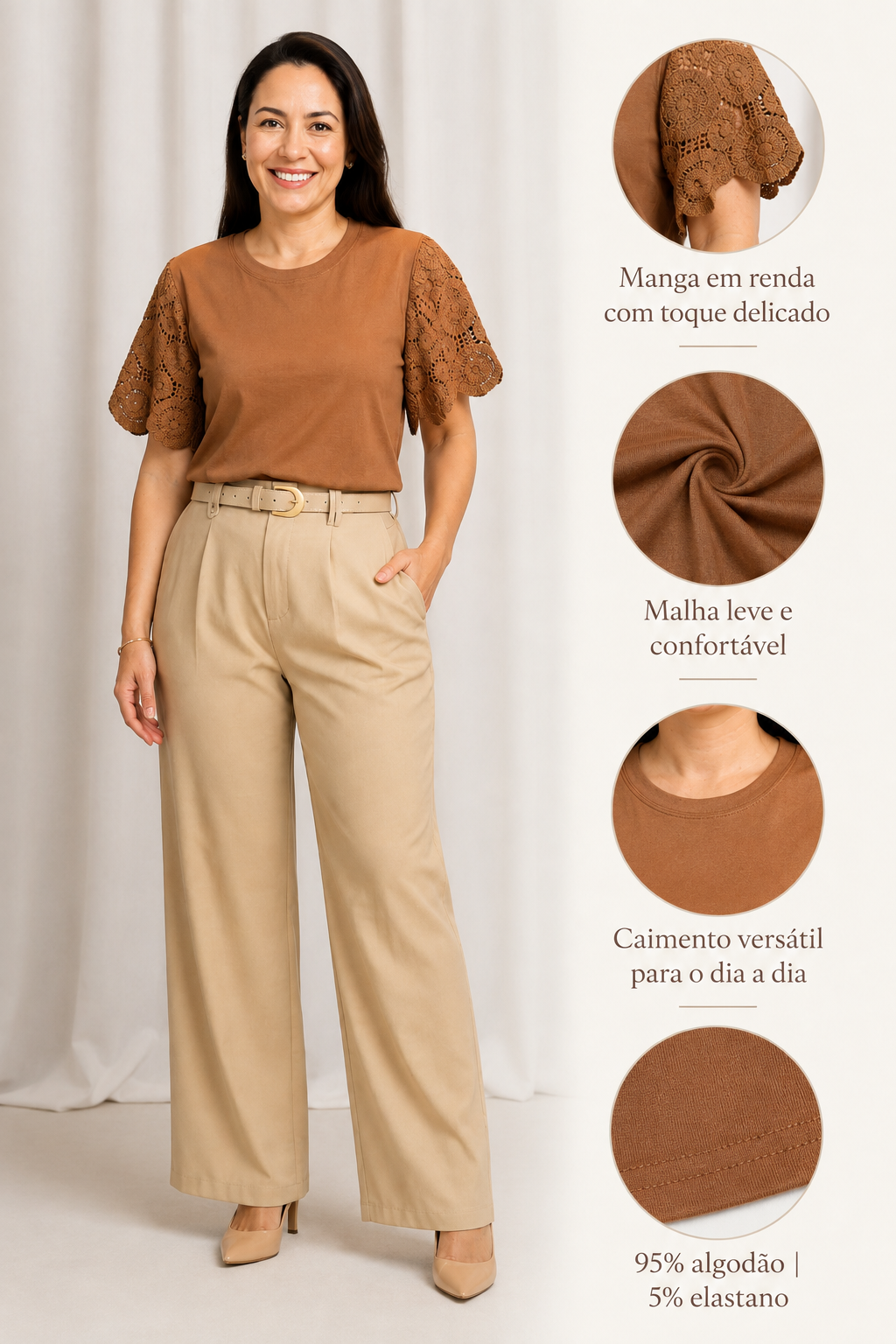 Blusa Confortável com Manga em Crochê Geisa Marrom