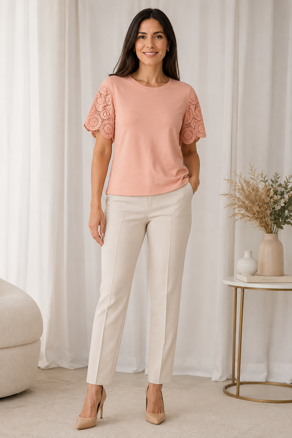 Blusa Confortável com Manga em Crochê Geisa Rosa