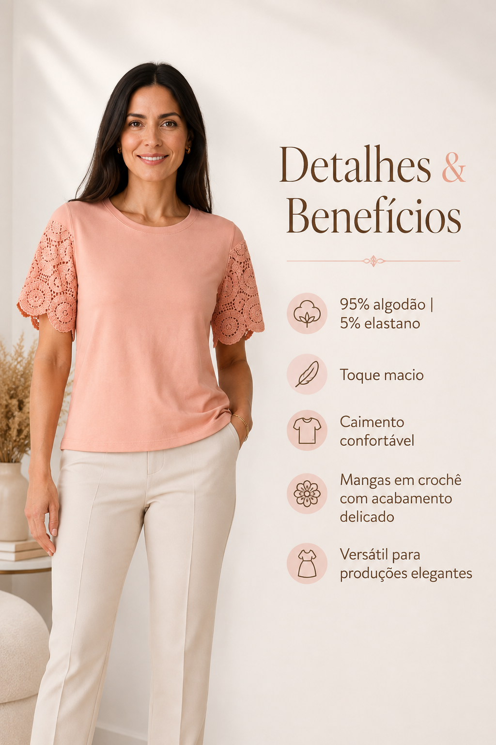 Blusa Confortável com Manga em Crochê Geisa Rosa