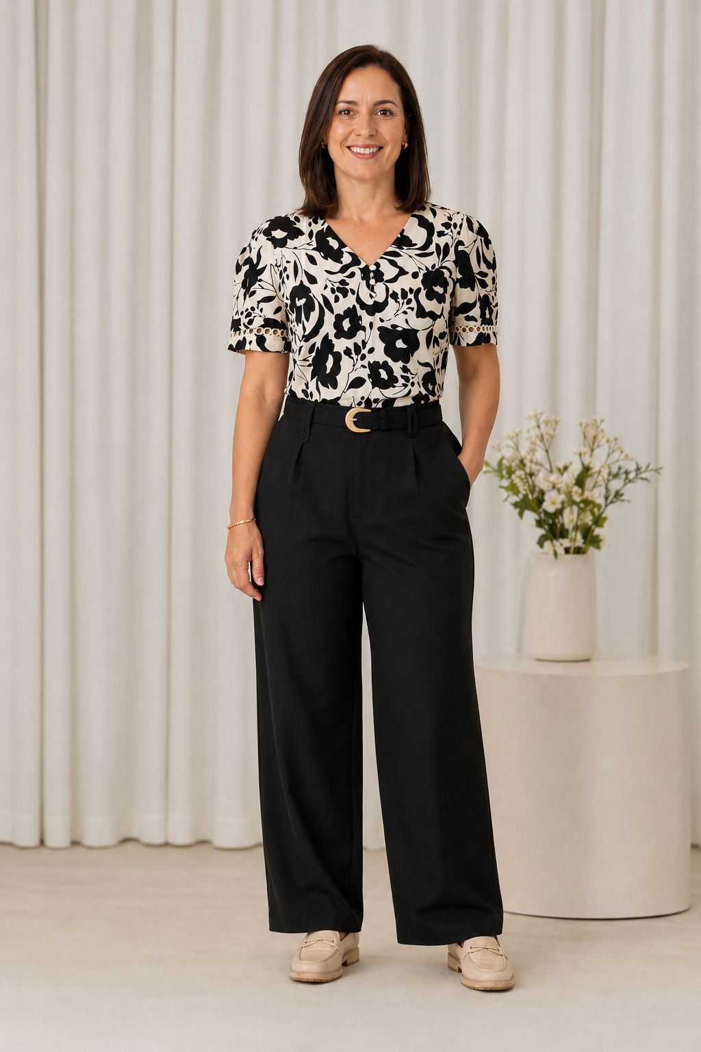 Blusa Crepe Classic Estampada com Entremeio Tauane Preta