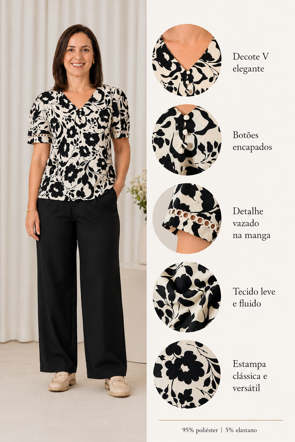 Blusa Crepe Classic Estampada com Entremeio Tauane Preta