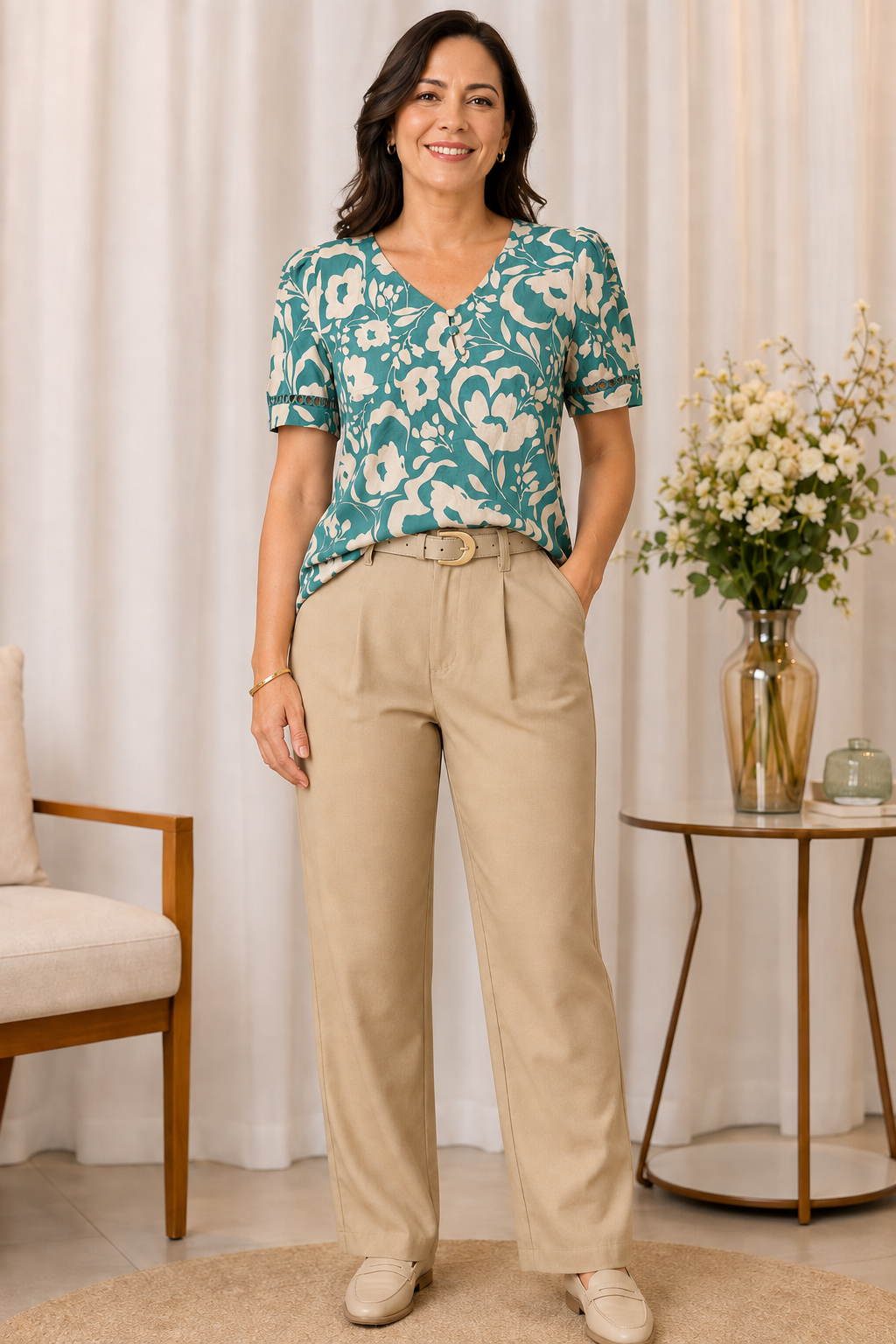 Blusa Crepe Classic Estampada com Entremeio Tauane Verde