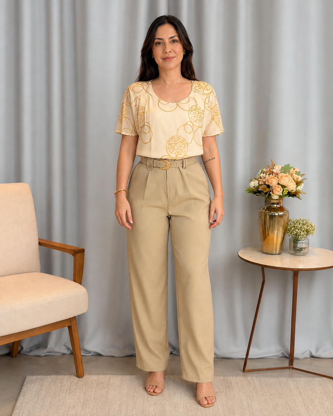 Blusa em Laise com Pregas no Colo Dália Bege