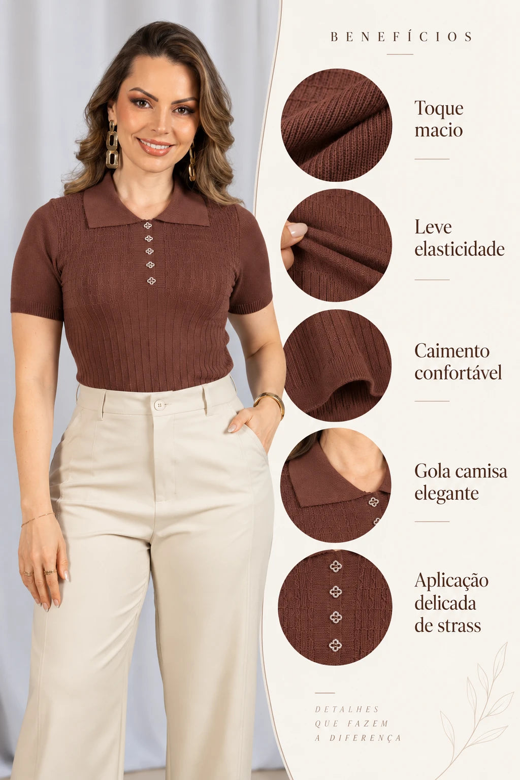 Blusa em Modal Gola Camisa com Aplicação de Strass Tamires Marrom - foto 8
