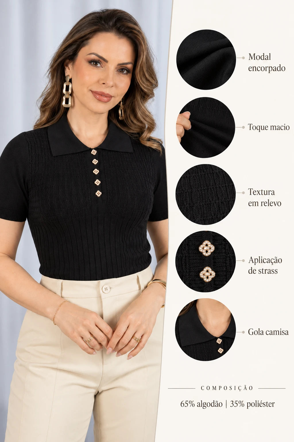 Blusa em Modal Gola Camisa com Aplicação de Strass Tamires Preta - foto 8