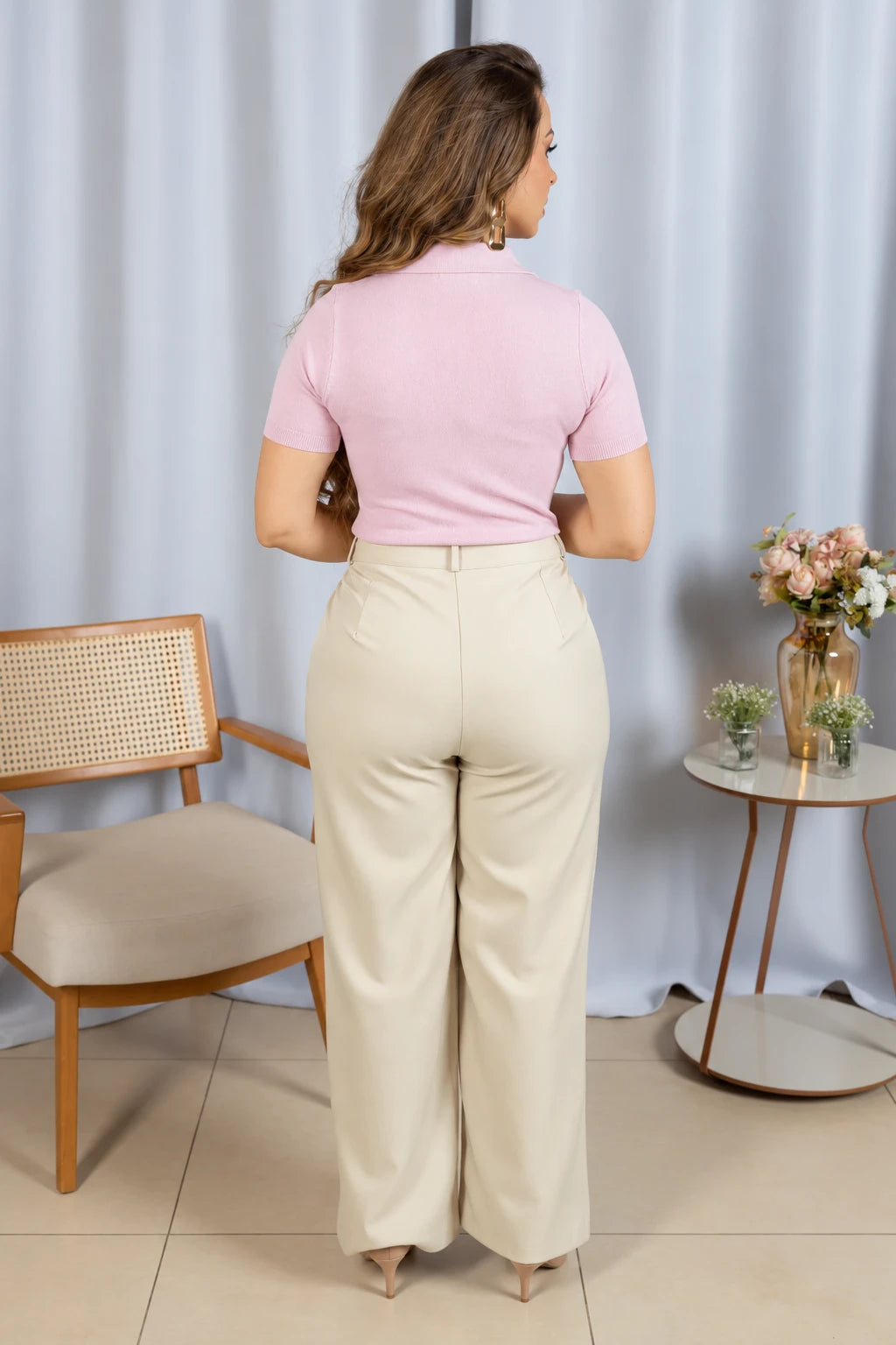 Blusa em Modal Gola Camisa com Aplicação de Strass Tamires Rosa - foto 6