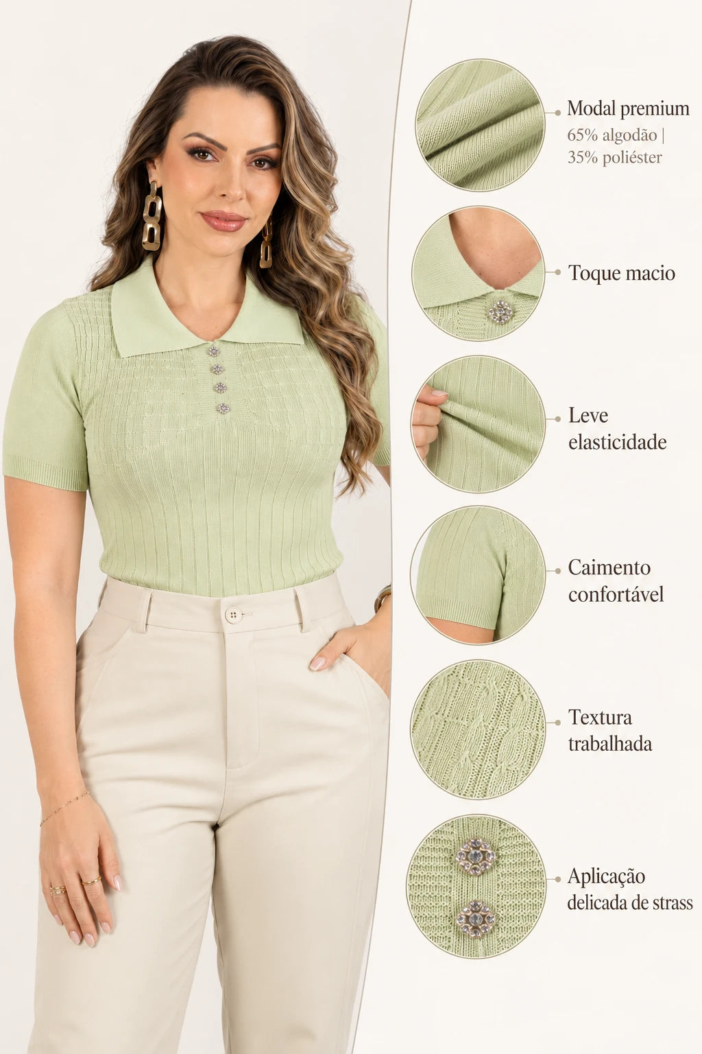 Blusa em Modal Gola Camisa com Aplicação de Strass Tamires Verde - foto 6