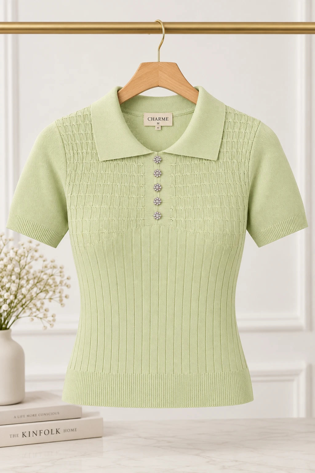 Blusa em Modal Gola Camisa com Aplicação de Strass Tamires Verde - foto 9