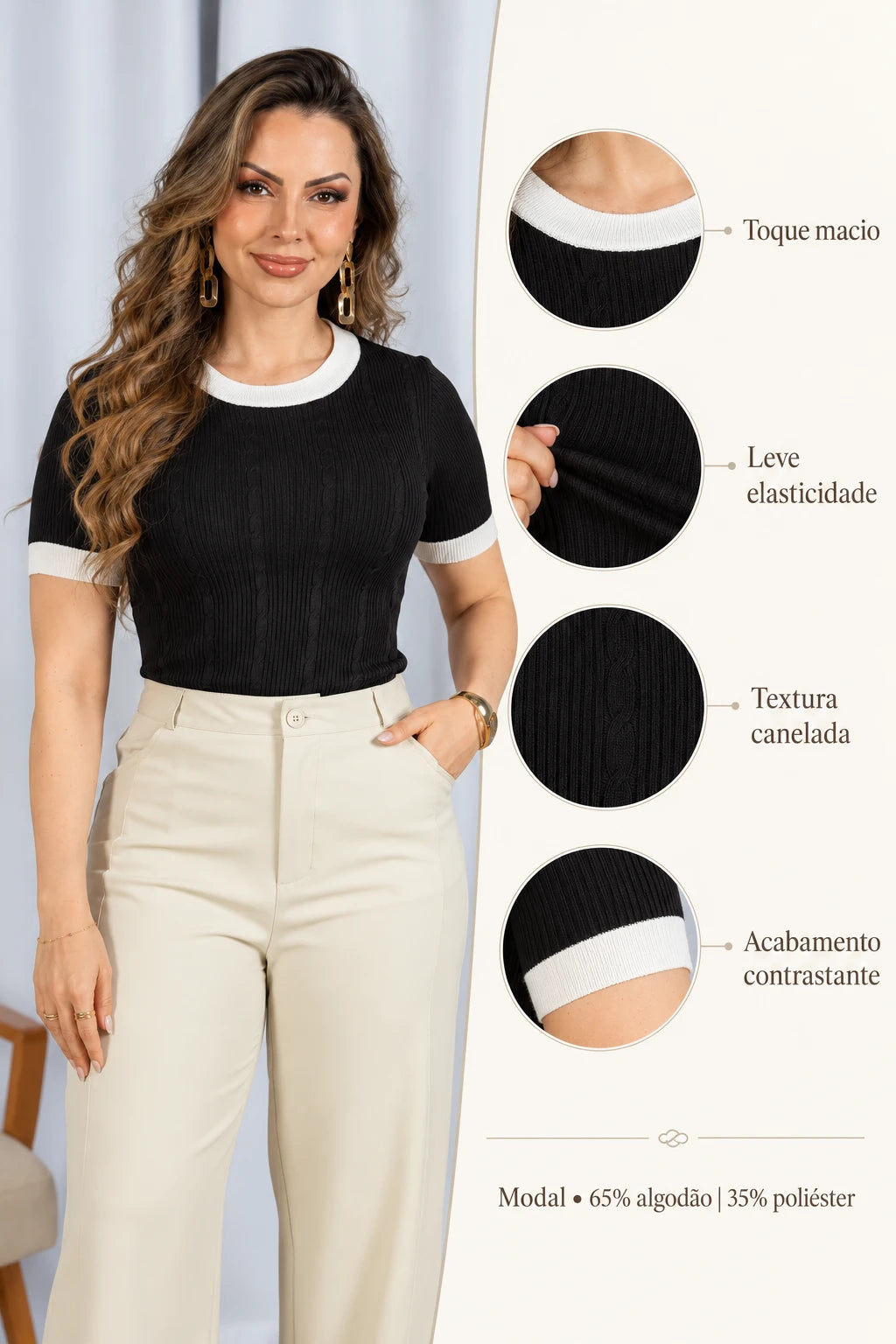 Blusa Leve com Detalhes Contrastantes Fernanda Preta - foto 8