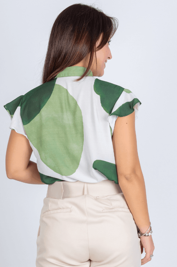 Blusa Manga Curta Babados Laço Sueli Estampada Verde - imporium