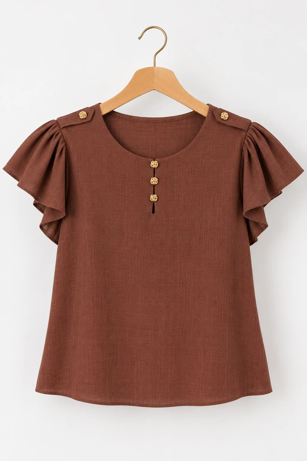 Blusa Manga Curta Em Visco-linho Detalhe Botão Neia Marrom - foto 9