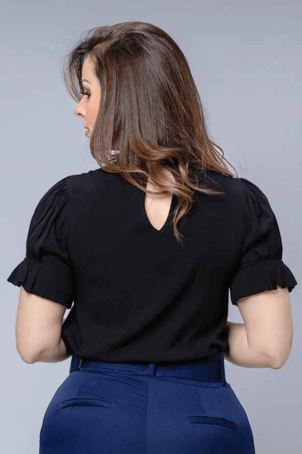 Blusa Manga Curta Plissada Viscose Juliana Preta - imporium