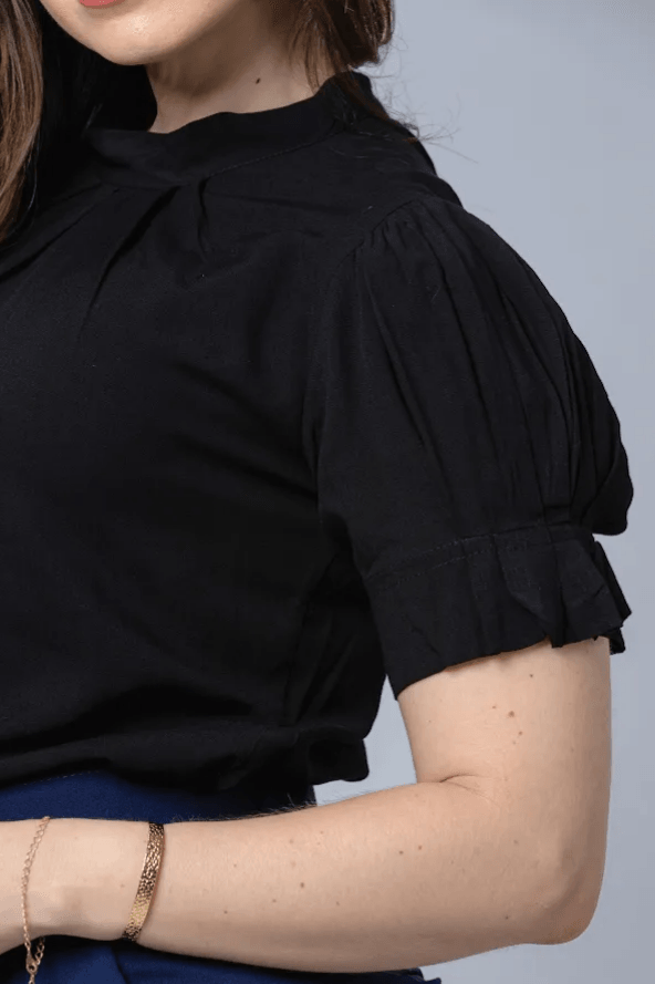 Blusa Manga Curta Plissada Viscose Juliana Preta - imporium