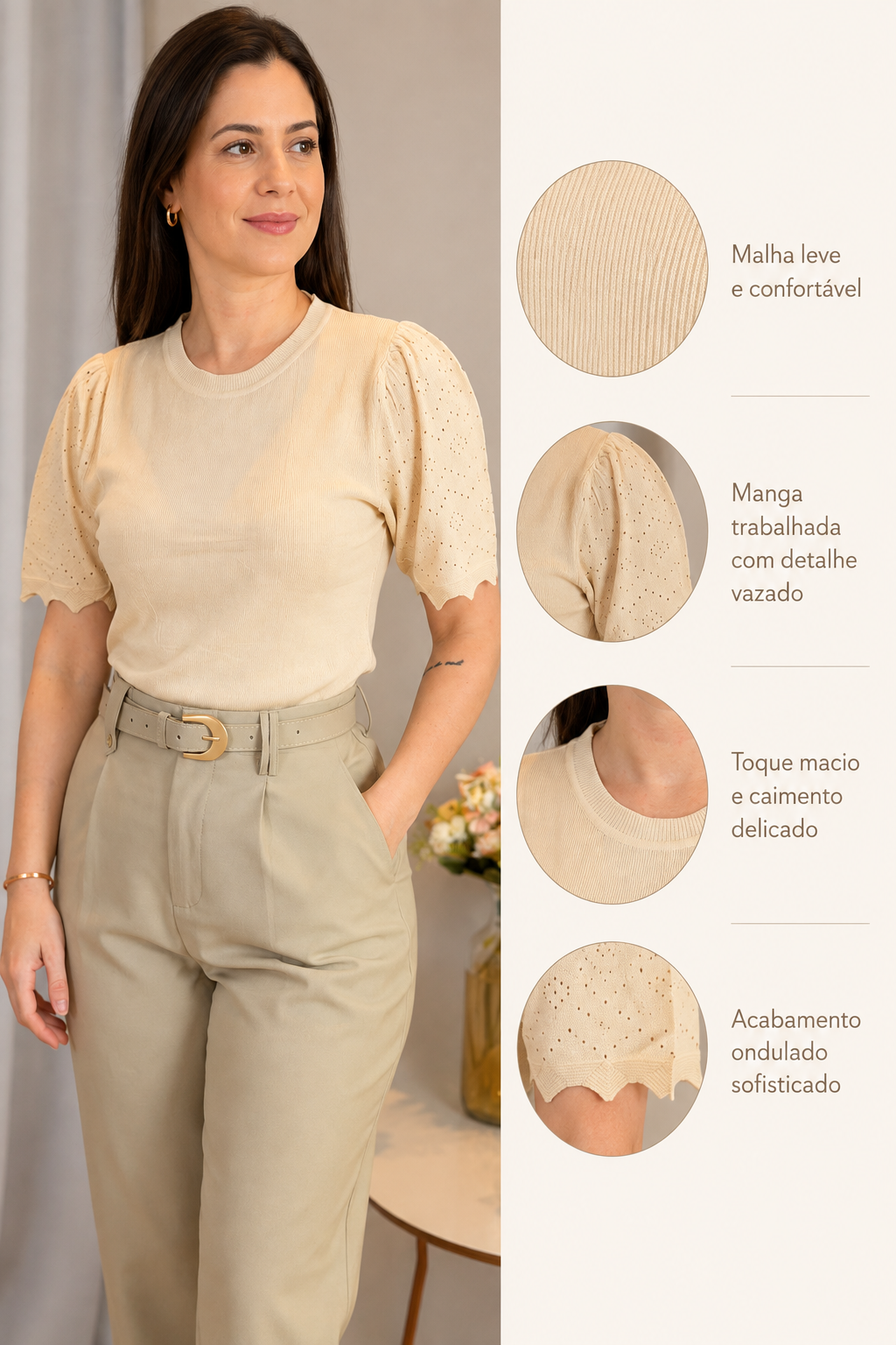 Blusa Manga Curta Que Estica Detalhe Vazado Vivian Creme