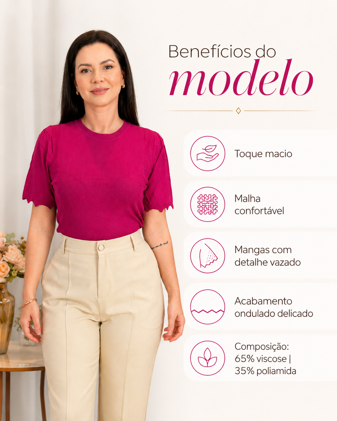 Blusa Manga Curta Que Estica Detalhe Vazado Vivian Fúcsia
