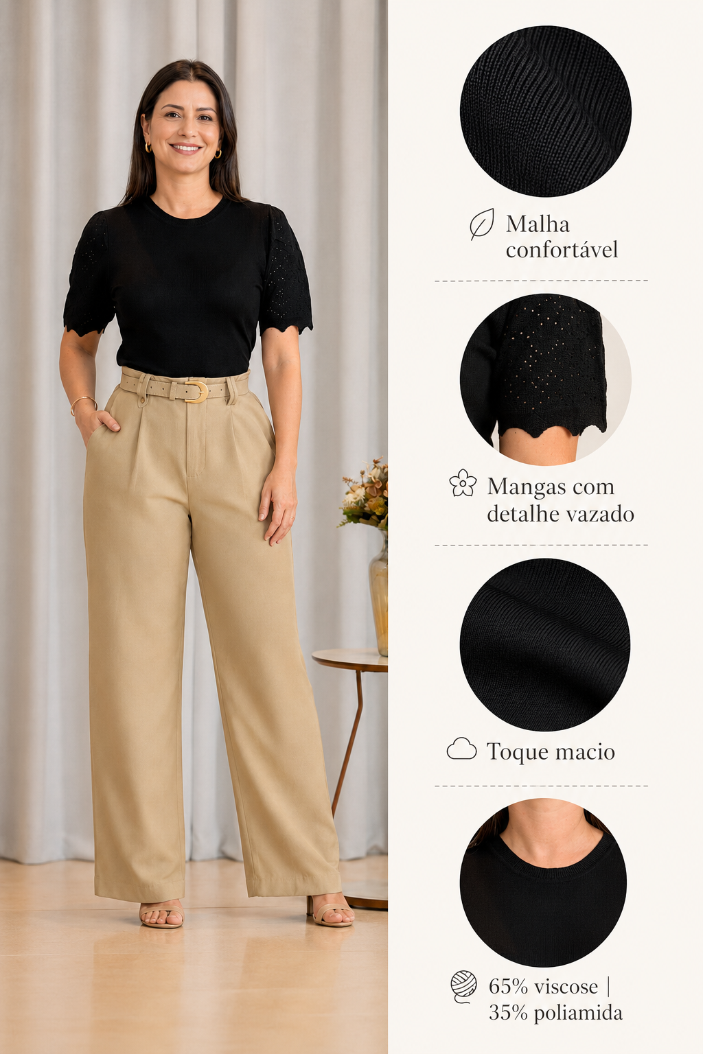 Blusa Manga Curta Que Estica Detalhe Vazado Vivian Preta