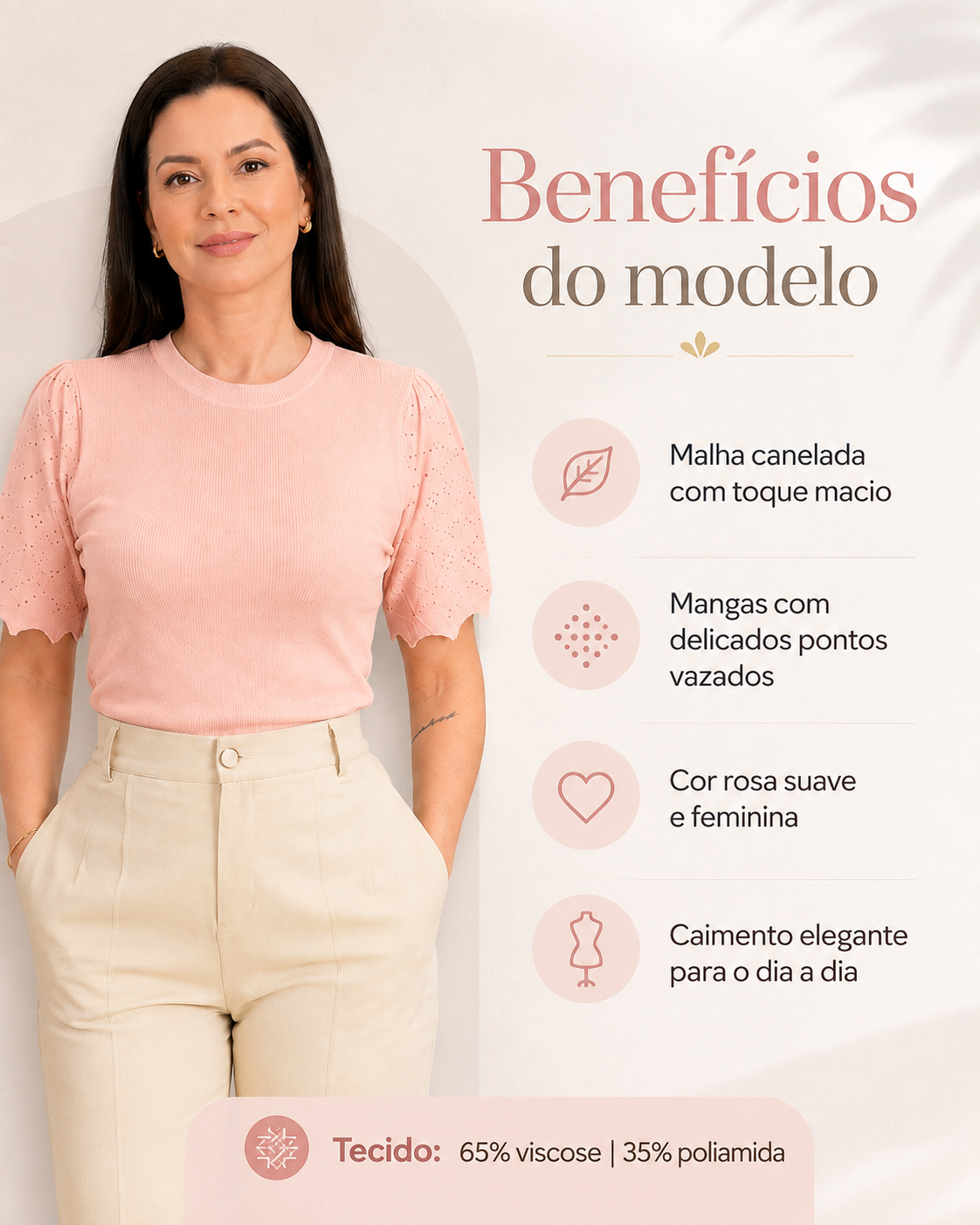 Blusa Manga Curta Que Estica Detalhe Vazado Vivian Rosa Claro