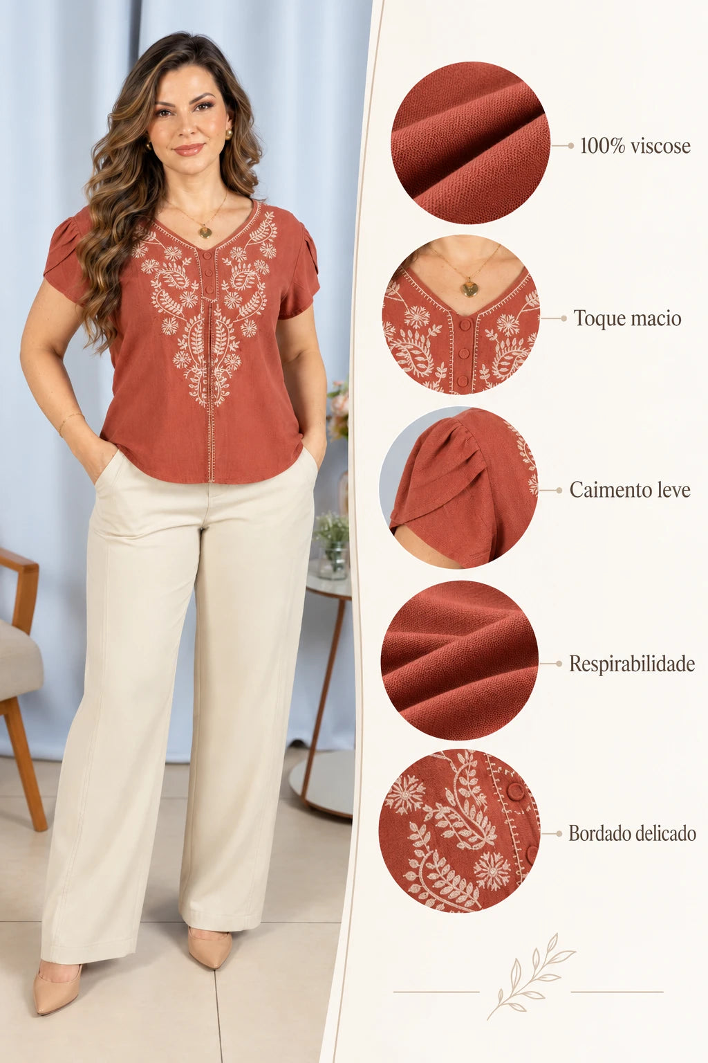Blusa Manga Curta Transpassada Bordada Milena Terracota - foto 8