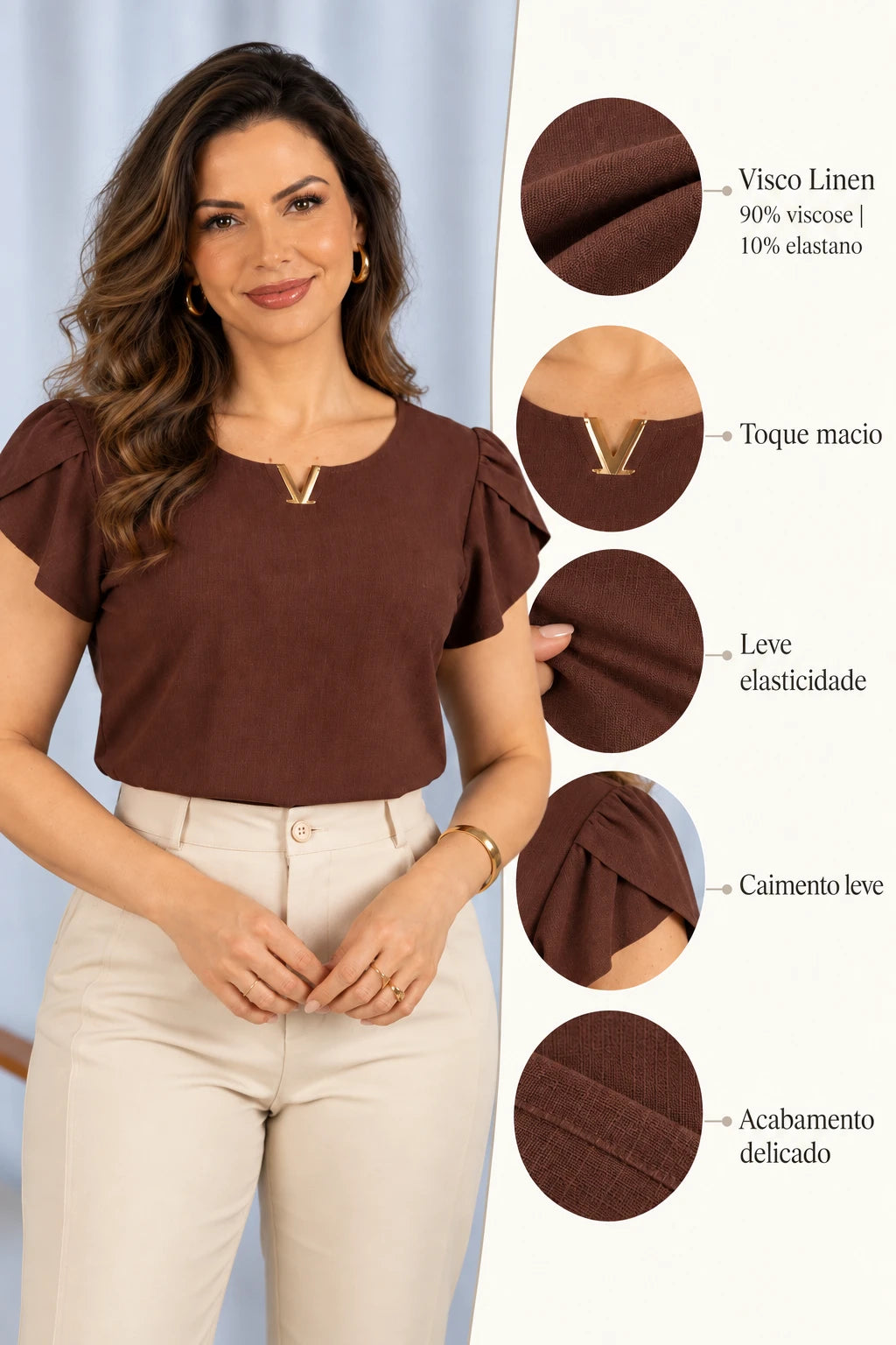 Blusa Manga Curta Transpassada Decote V Laiara Marrom - foto 8