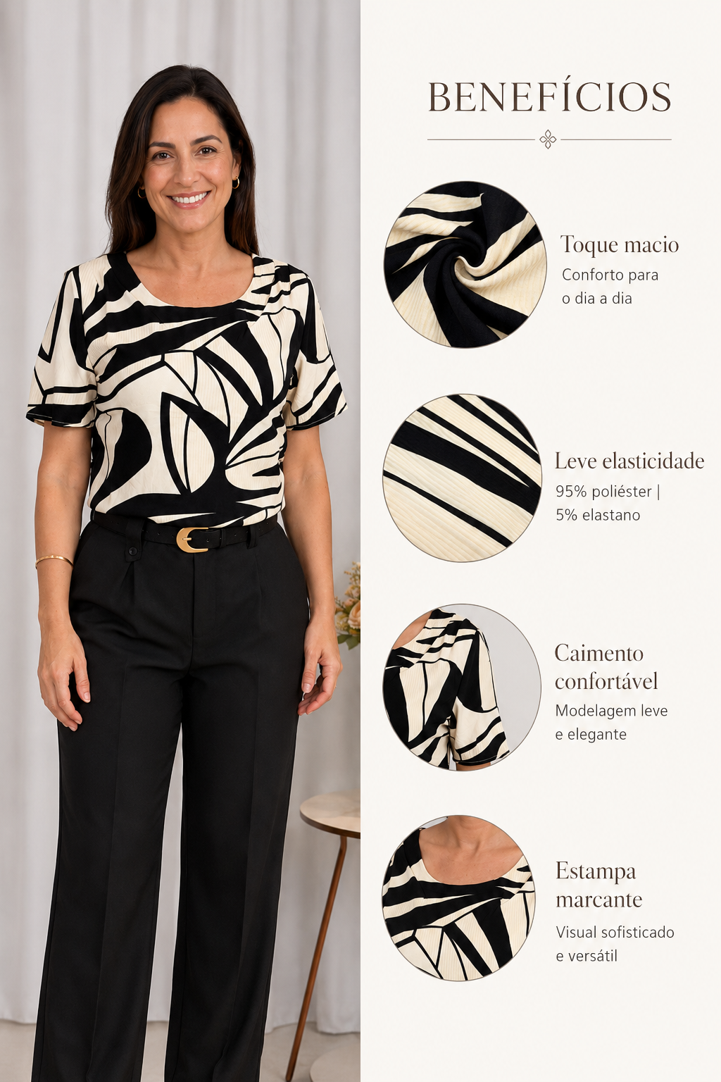 Blusa Resistente com Pregas Delicadas Savana Preta