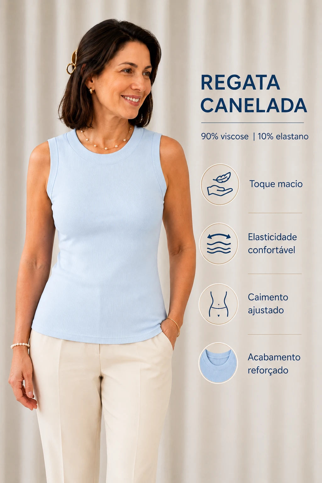 Regata Malha Canelada com Toque Macio Caetana Azul