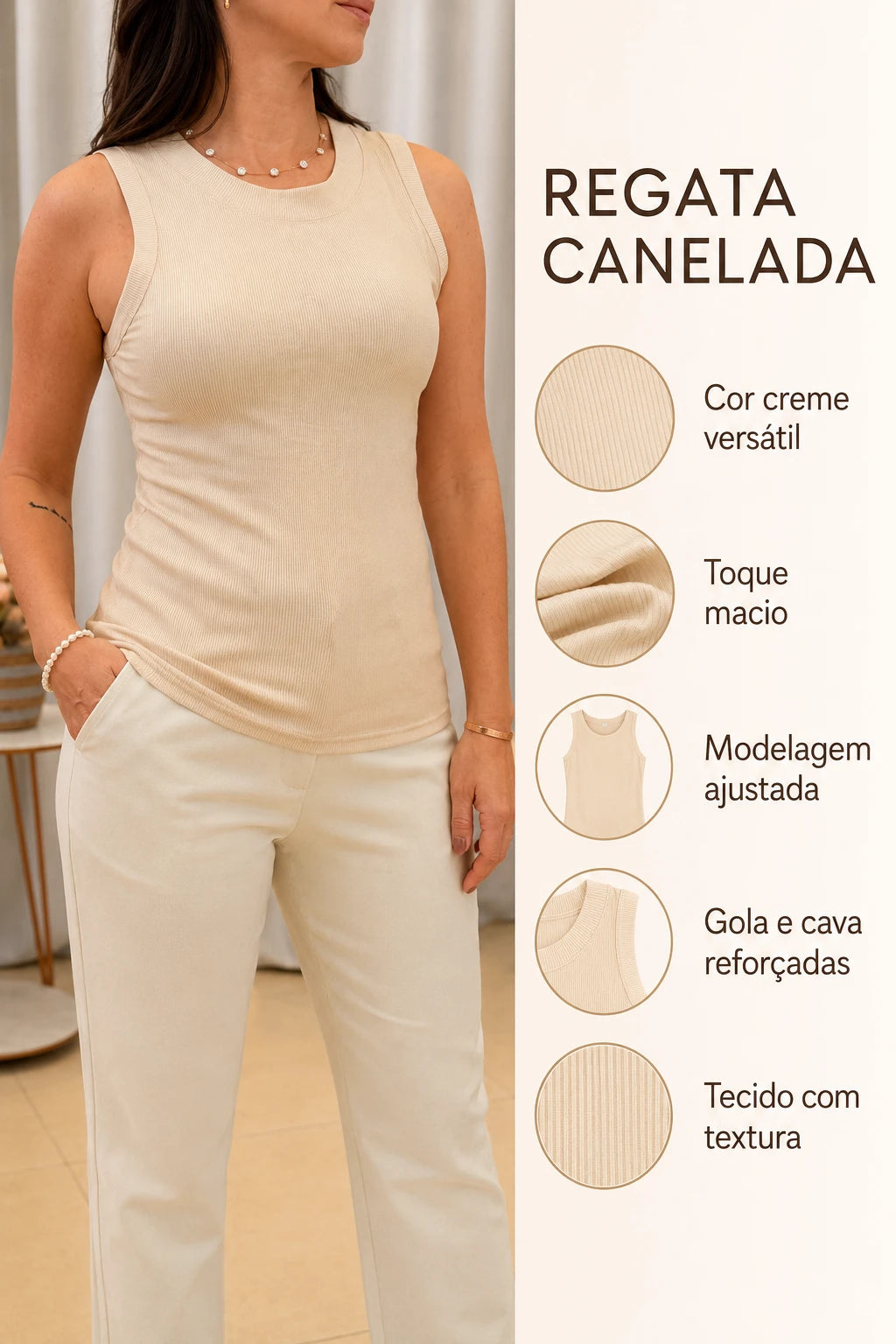 Regata Malha Canelada com Toque Macio Caetana Creme