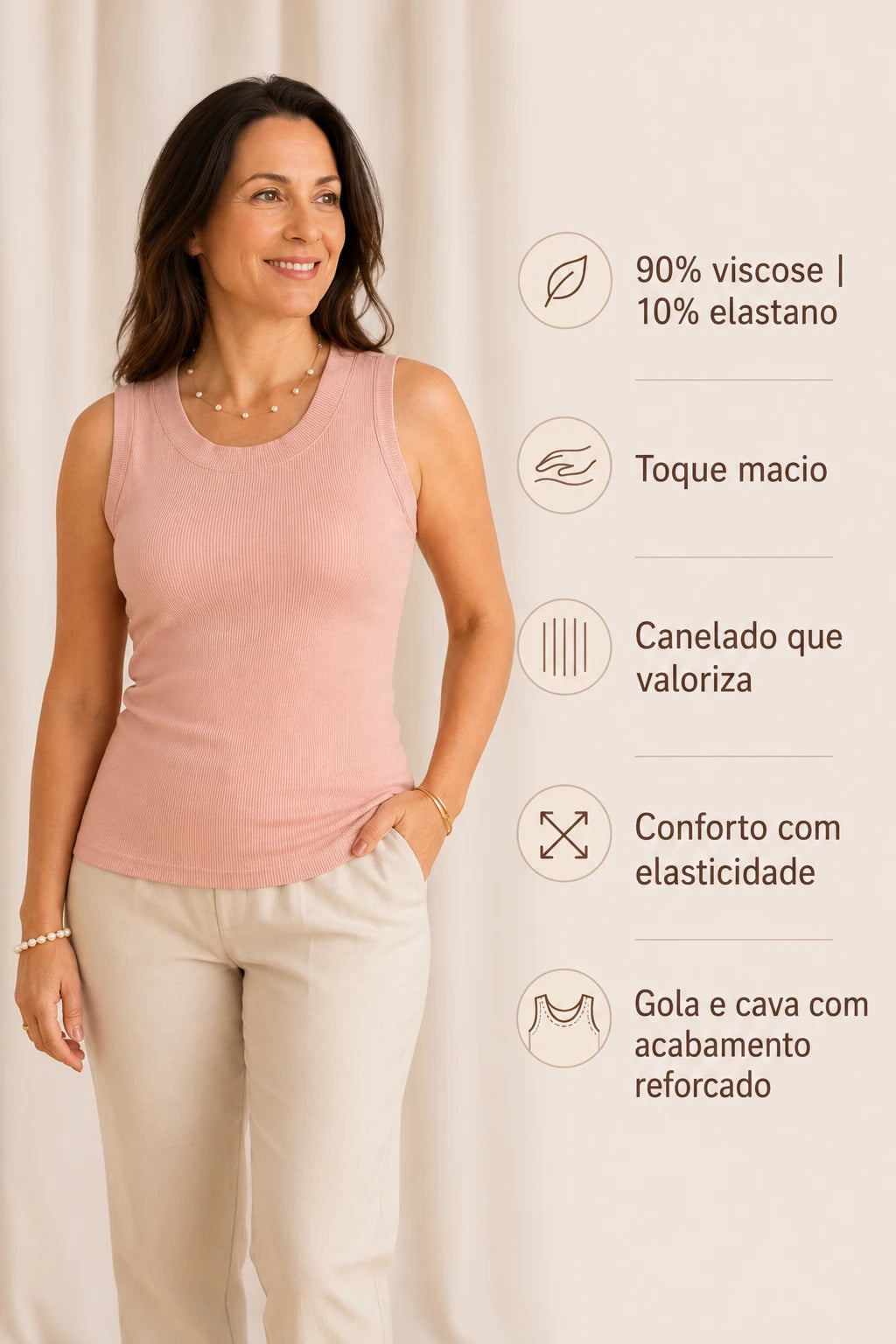 Regata Malha Canelada com Toque Macio Caetana Rosa