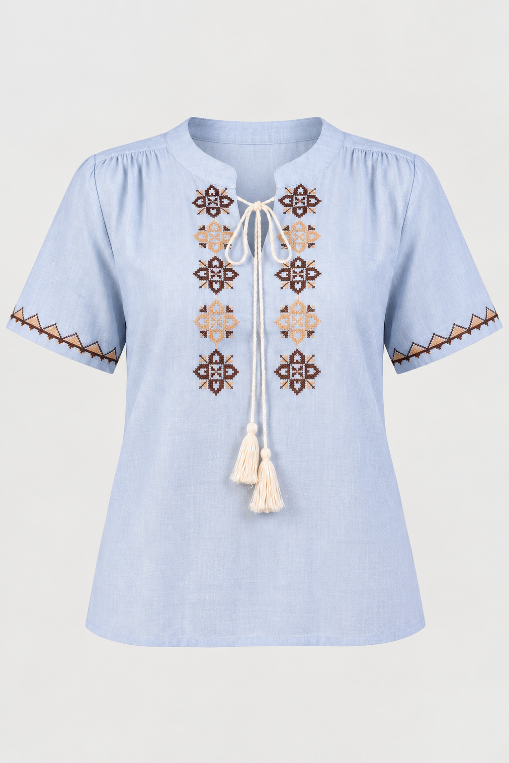 Blusa Manga Curta em Visco Linho com Bordados e Amarração Carina Azul