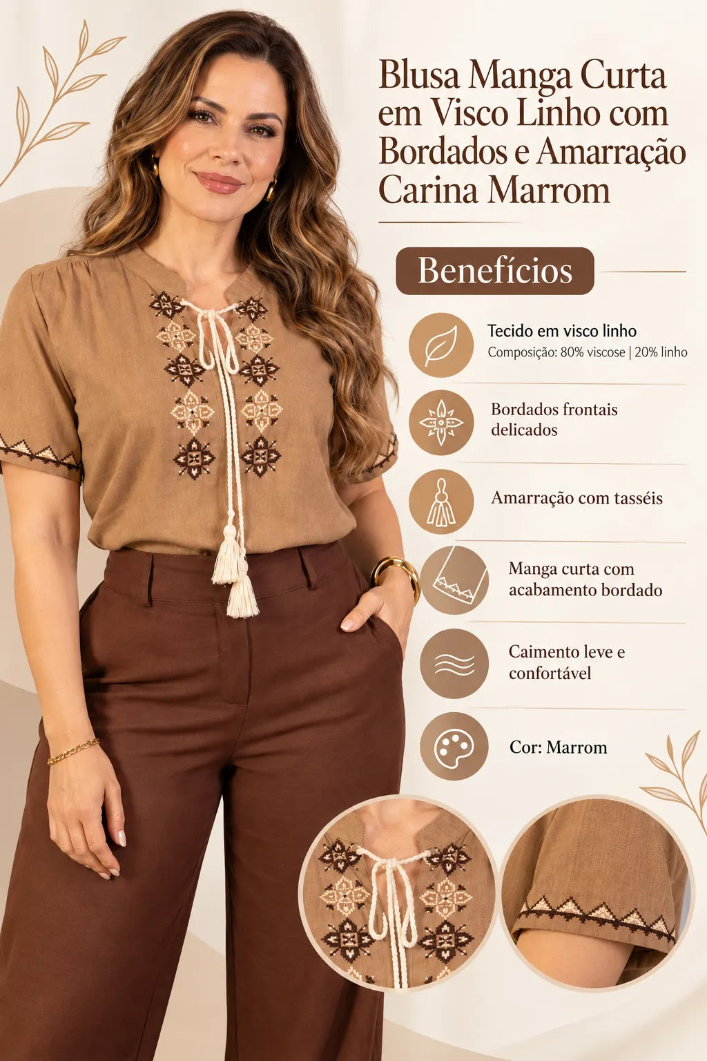 Blusa Manga Curta em Visco Linho com Bordados e Amarração Carina Marrom