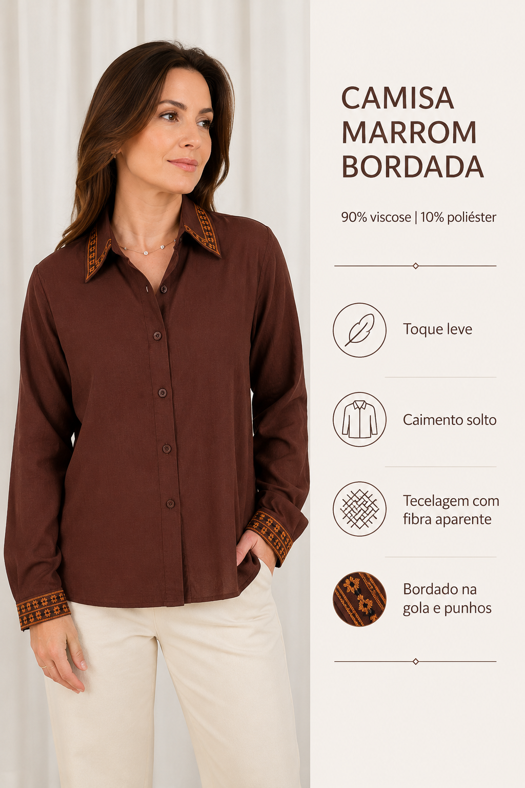 Camisa em Visco com Bordado Delicado Cátia Marrom