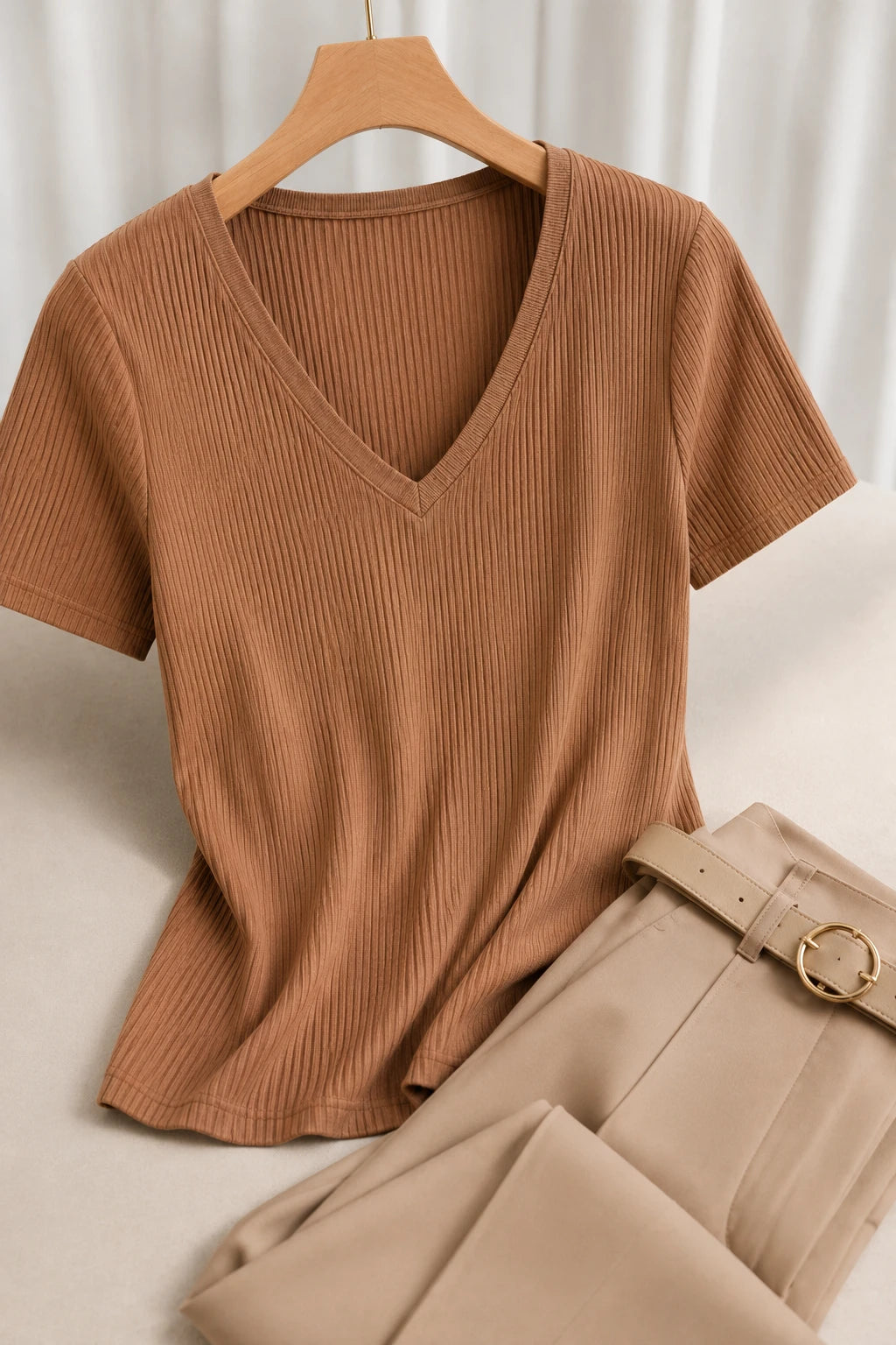Blusa Malha Canelada que Estica Celeste Bege