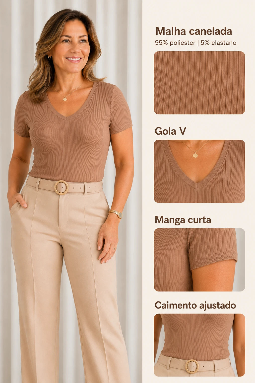 Blusa Malha Canelada que Estica Celeste Bege