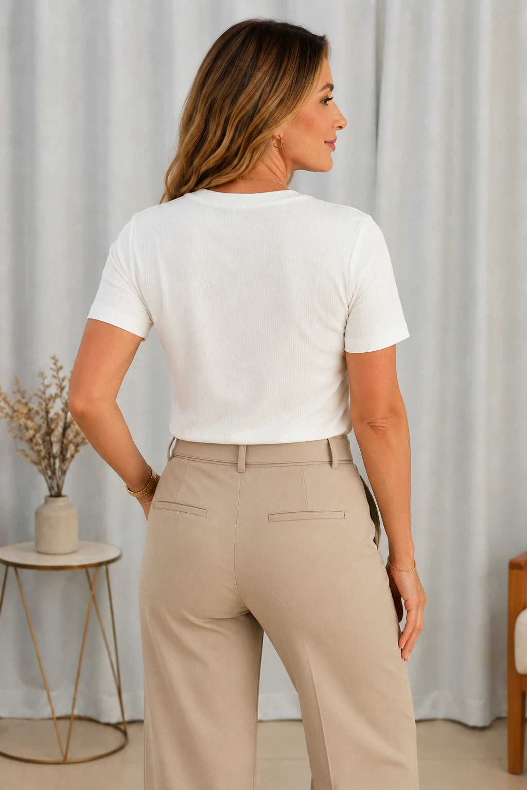Blusa Malha Canelada que Estica Celeste Branca