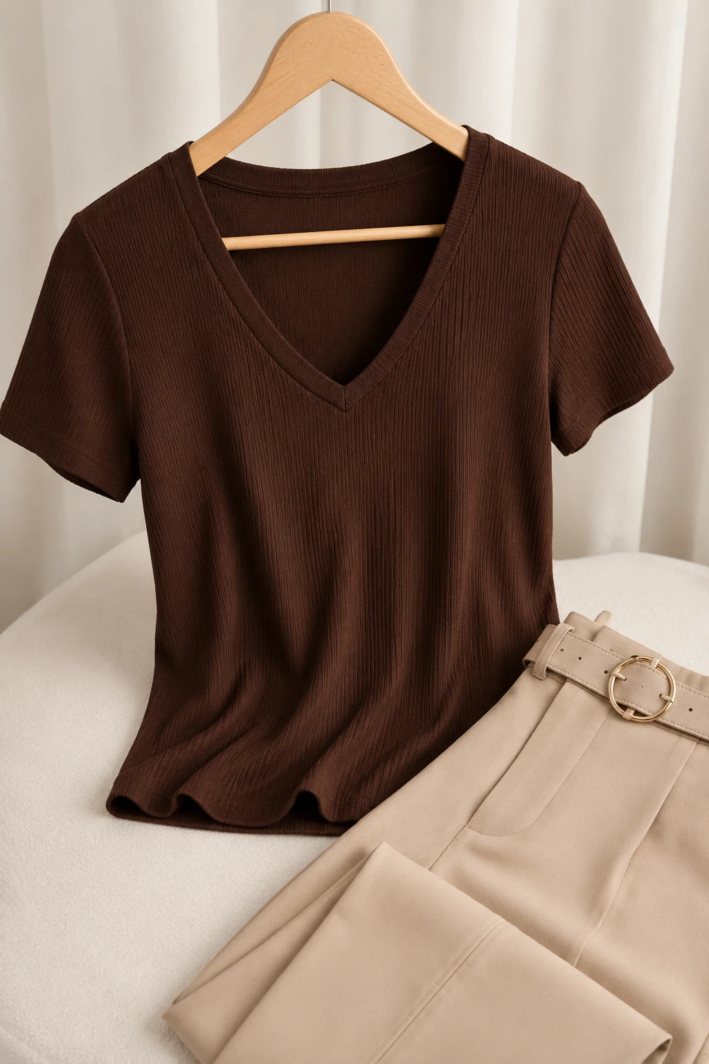 Blusa Malha Canelada que Estica Celeste Marrom