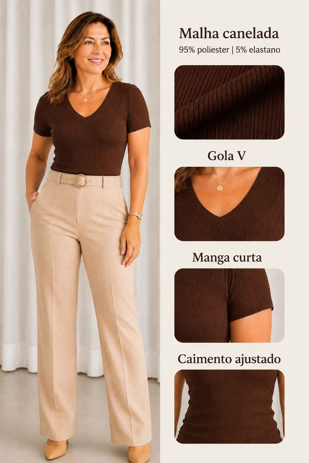 Blusa Malha Canelada que Estica Celeste Marrom