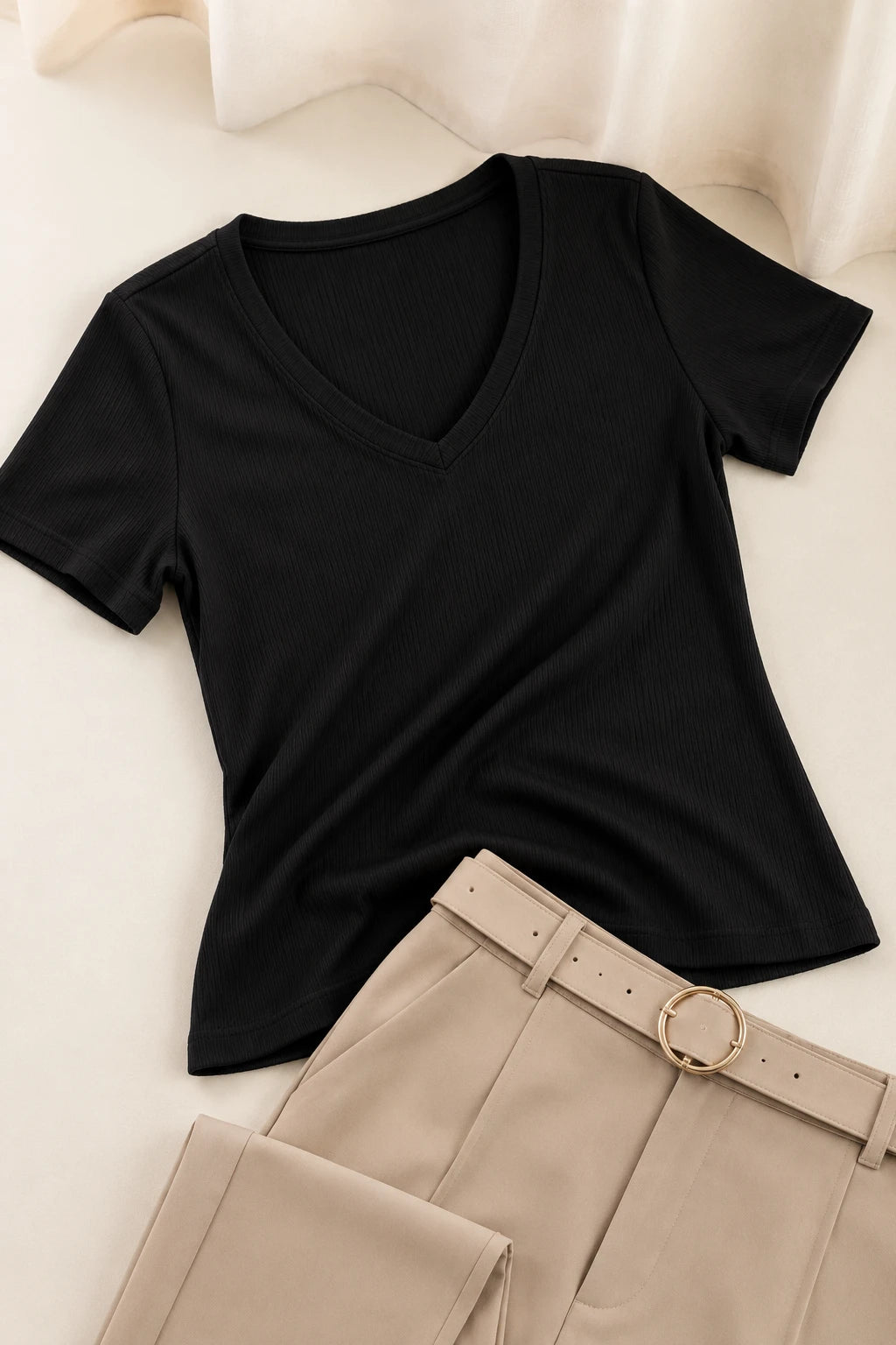 Blusa Malha Canelada que Estica Celeste Preta