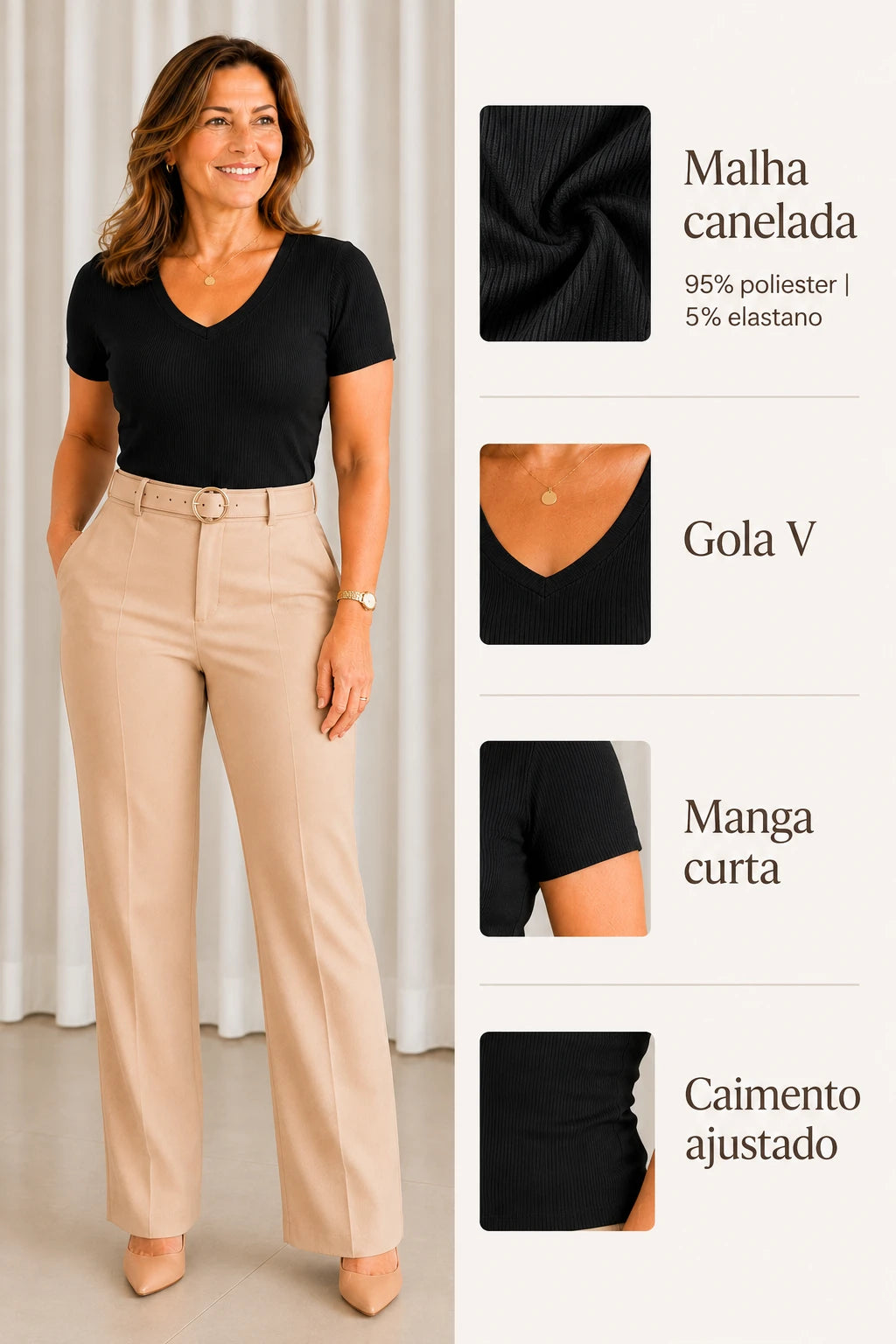 Blusa Malha Canelada que Estica Celeste Preta