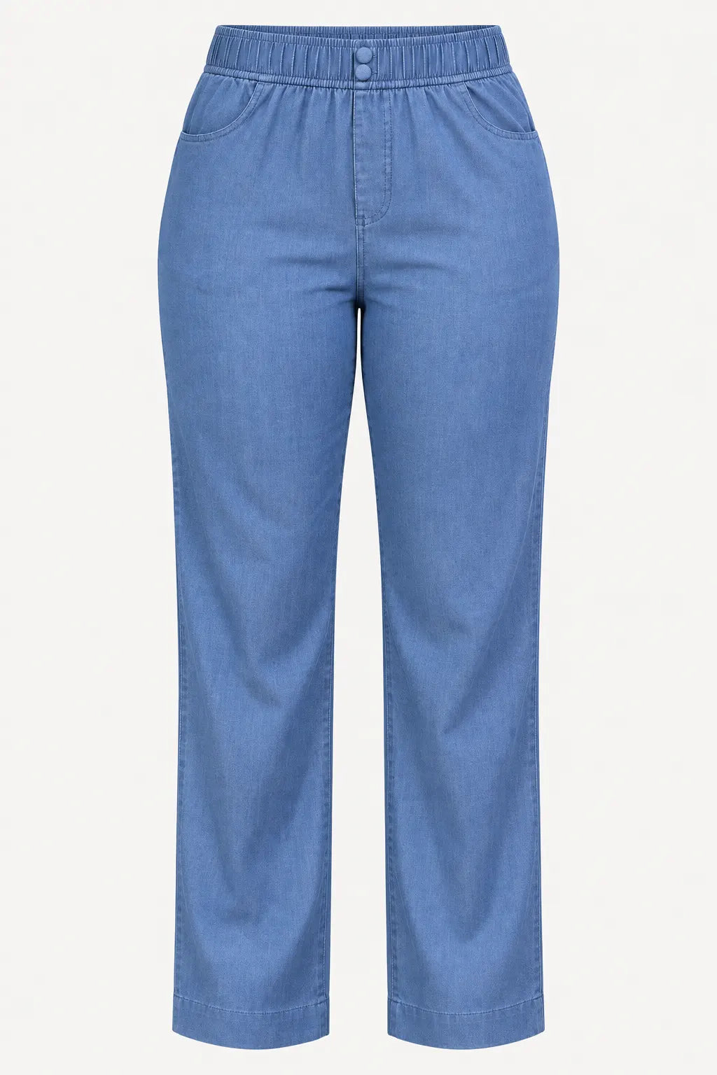 Calça Corte Reto em Chambray com Detalhe de Botões Célia Azul