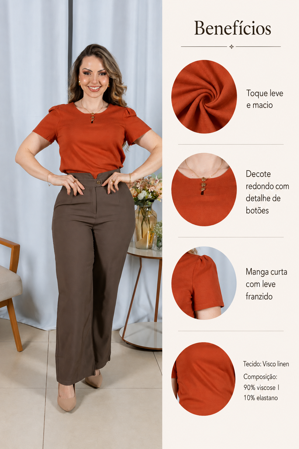 Blusa Visco Linen com Botões Chloe Terracota