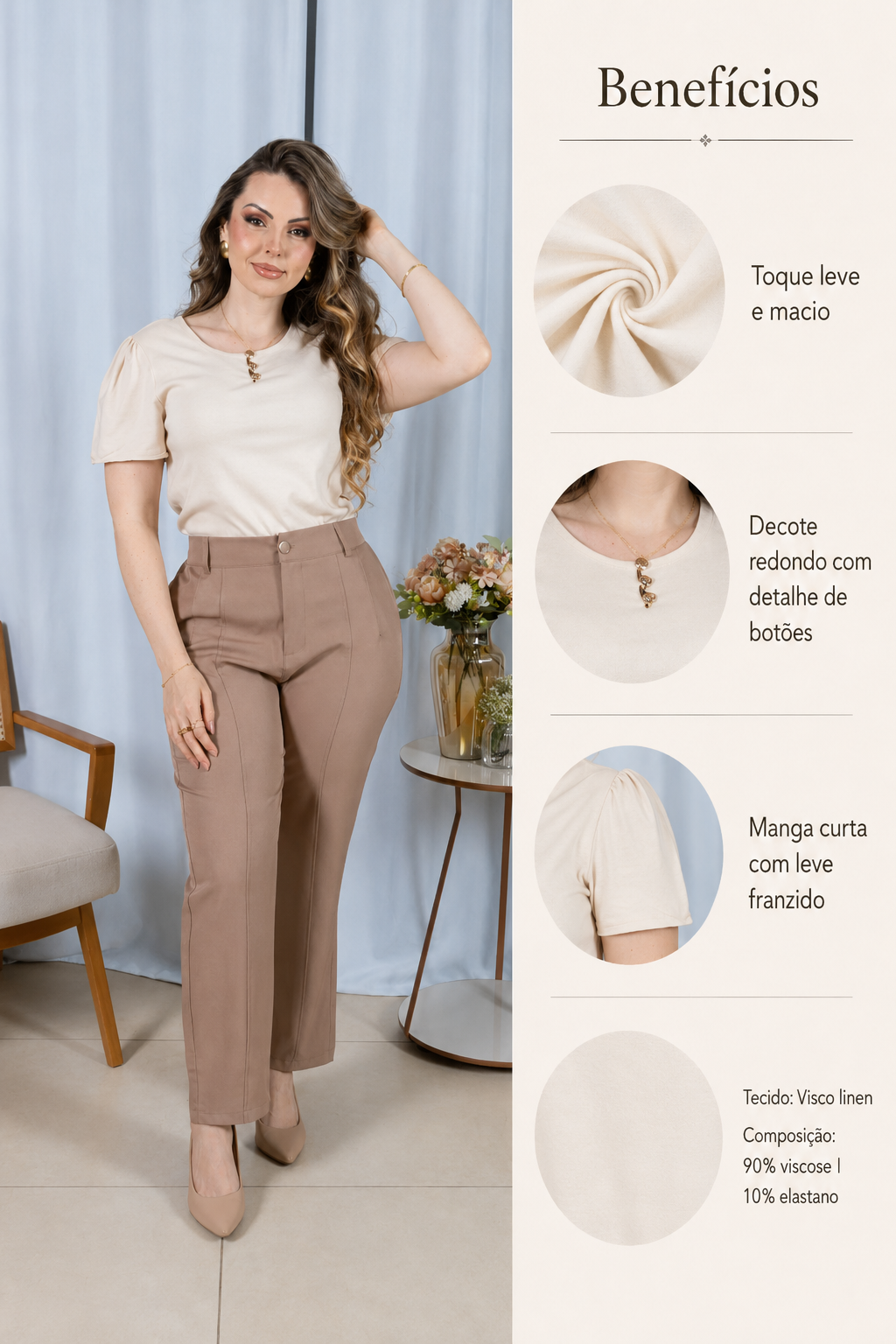 Blusa Visco Linen com Botões Chloe Creme