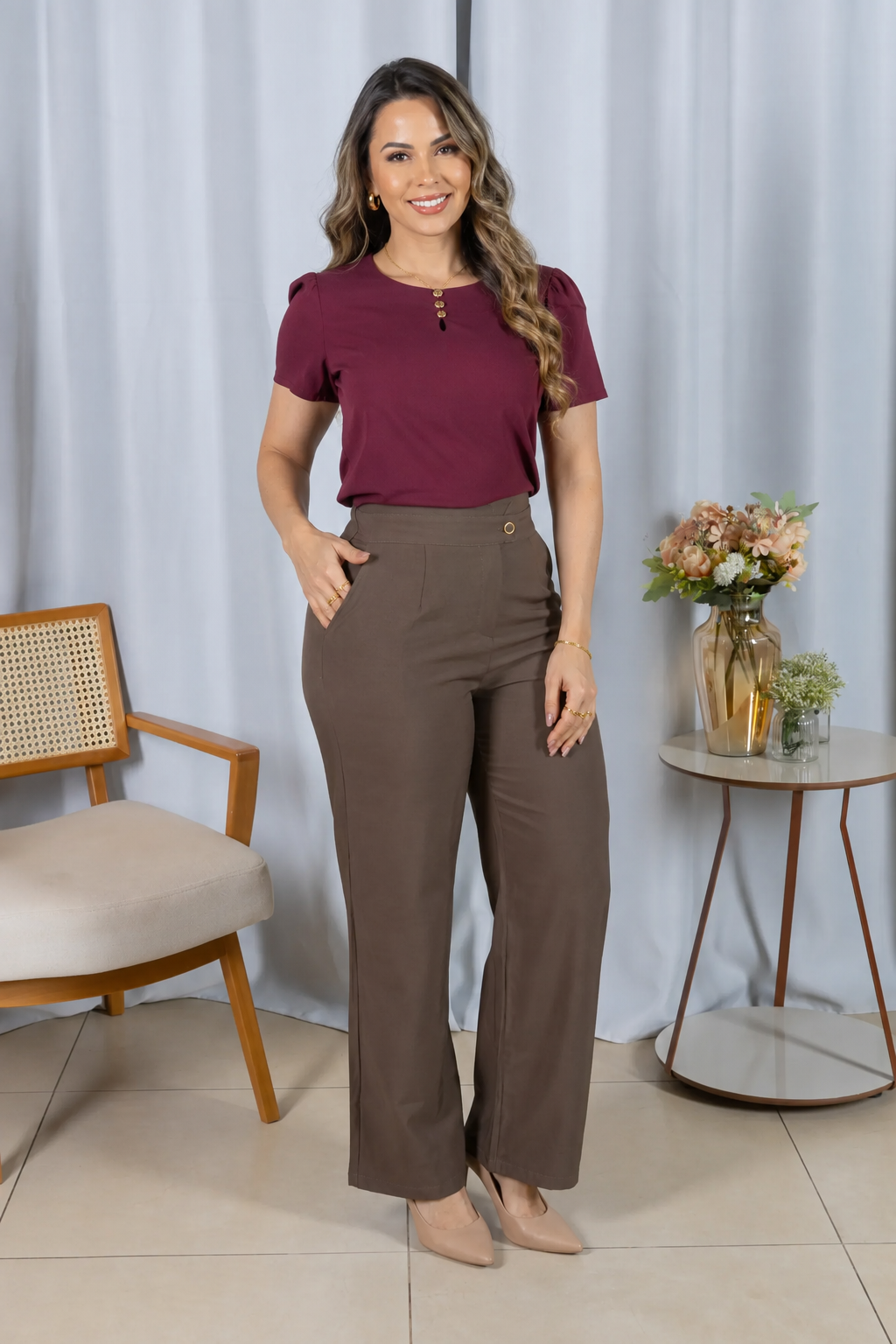 Blusa Visco Linen com Botões Chloe Marsala